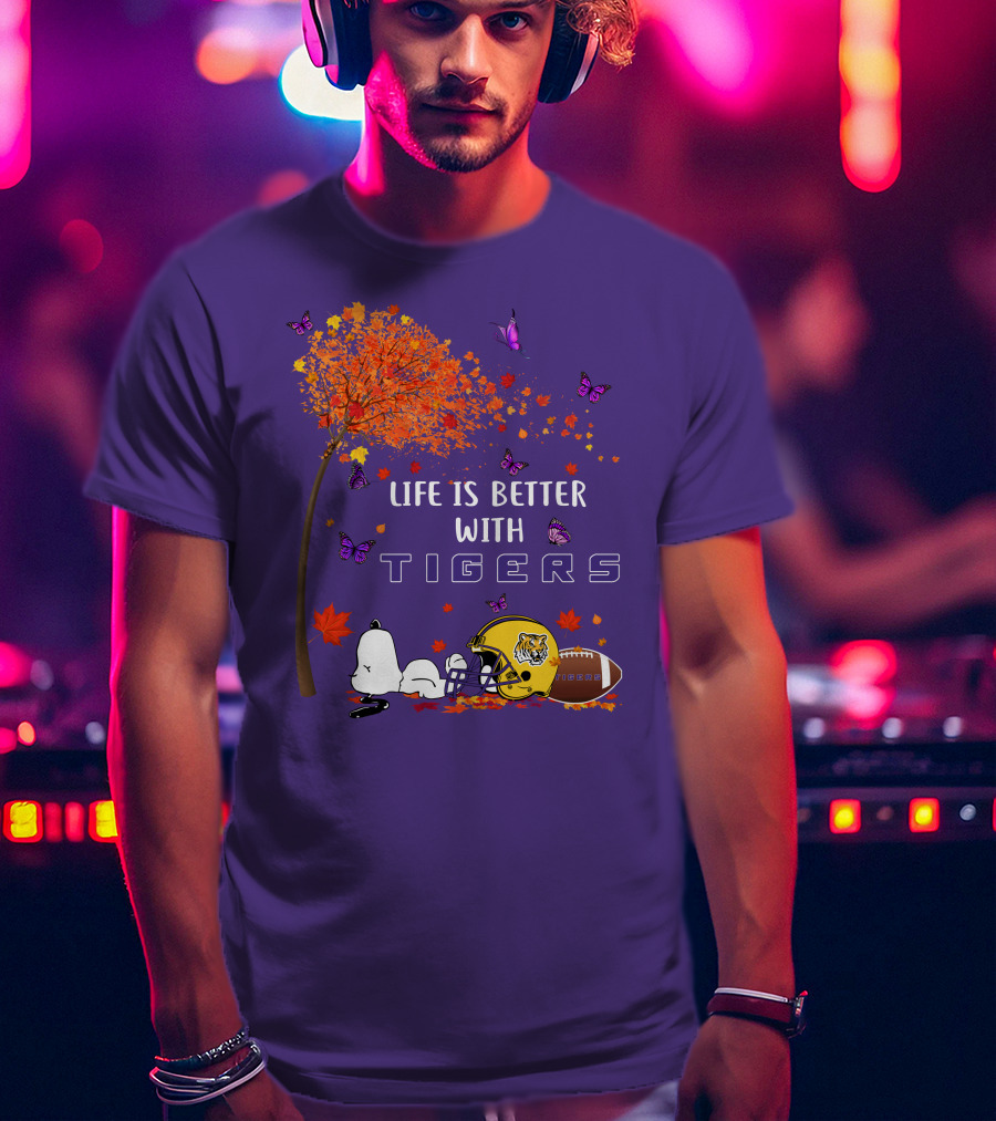 Life Is Better With Tigers Football Leaves Butterflies Helmet T-Shirt