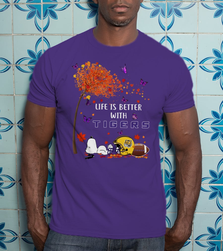Life Is Better With Tigers Football Leaves Butterflies Helmet T-Shirt