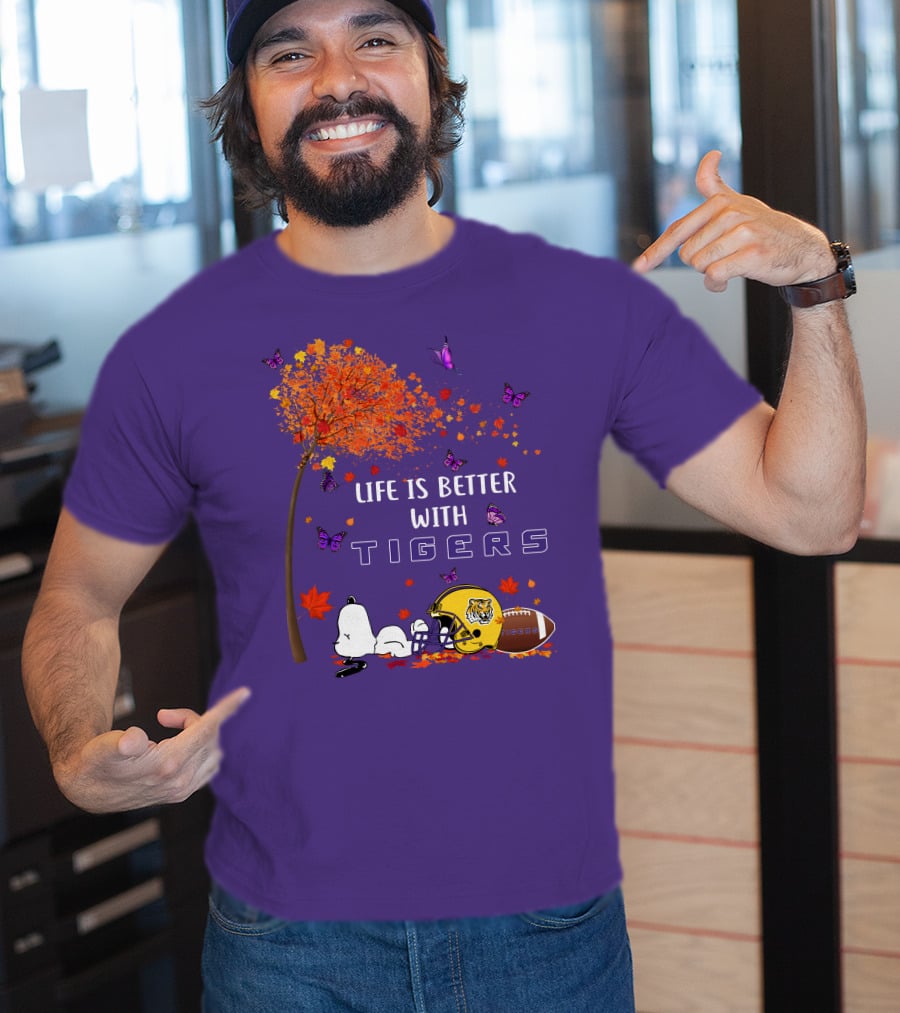 Life Is Better With Tigers Football Leaves Butterflies Helmet T-Shirt