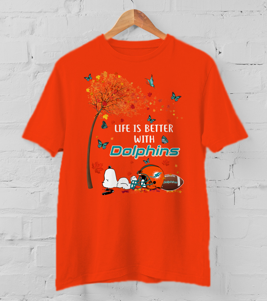 Life Is Better With Dolphins Miami Football Autumn Tree Snoopy Butterflies T-Shirt
