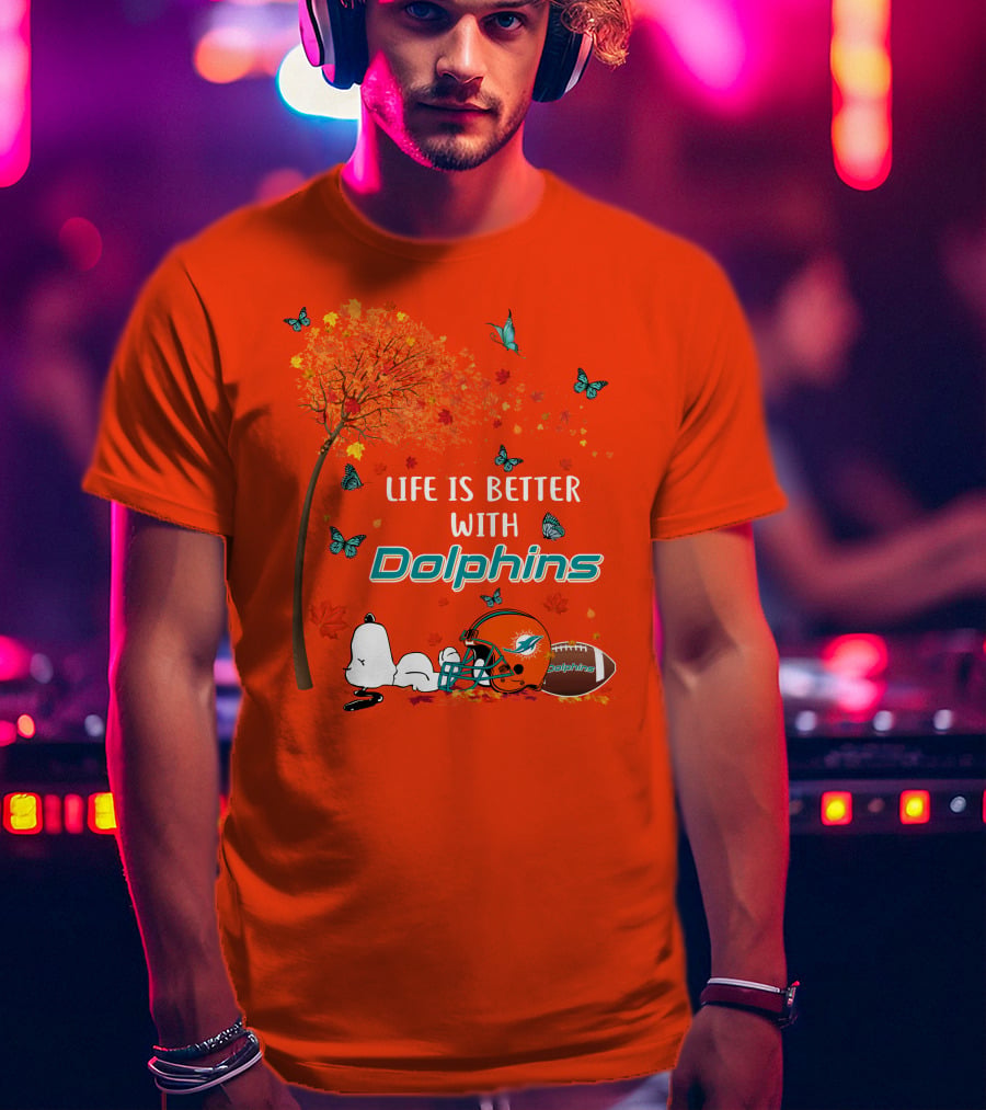 Life Is Better With Dolphins Miami Football Autumn Tree Snoopy Butterflies T-Shirt