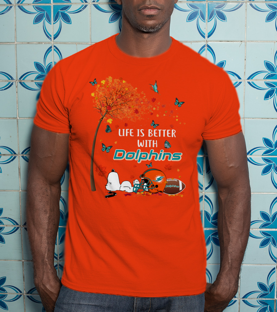 Life Is Better With Dolphins Miami Football Autumn Tree Snoopy Butterflies T-Shirt