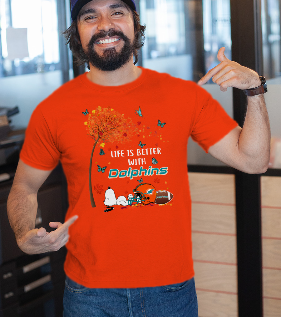 Life Is Better With Dolphins Miami Football Autumn Tree Snoopy Butterflies T-Shirt
