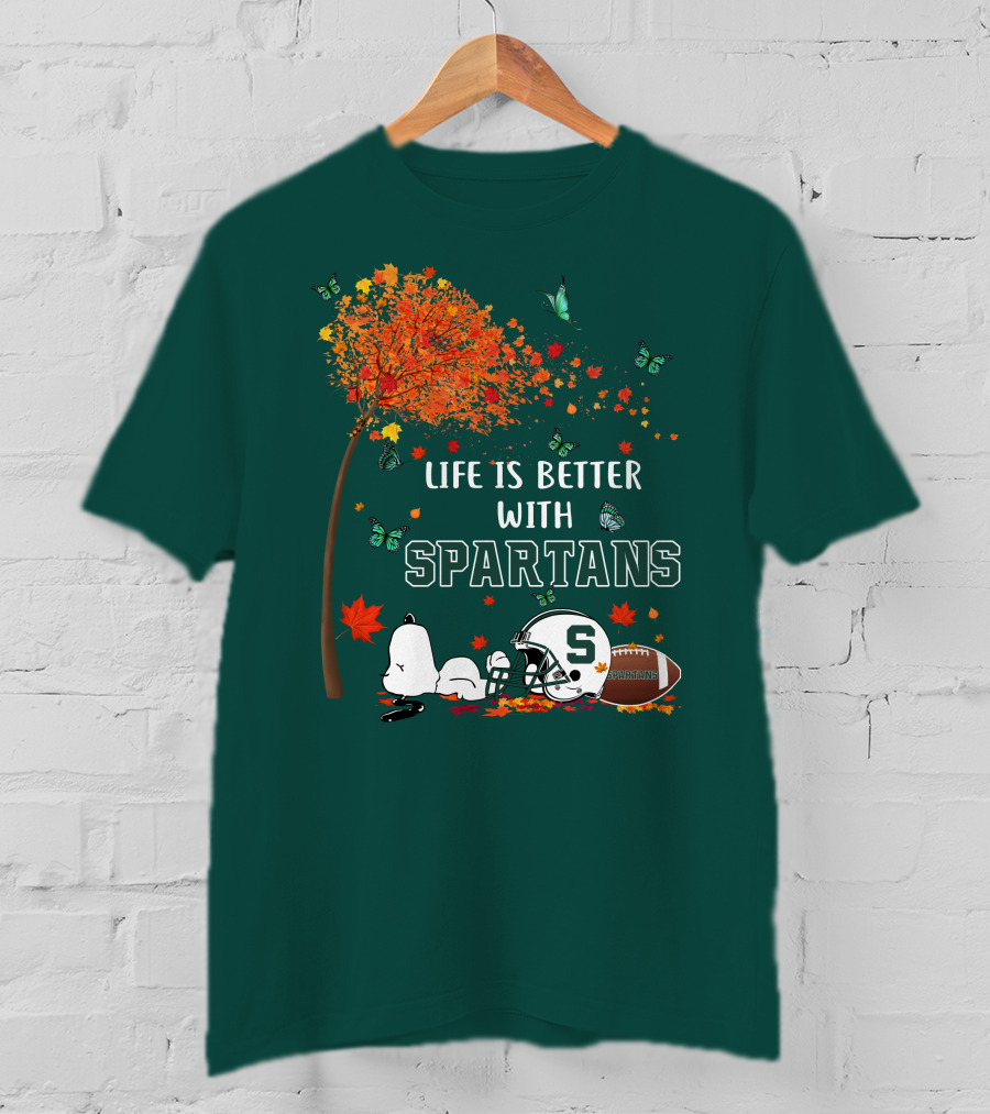 Life Is Better With Spartans Michigan State Football Autumn Leaves Butterflies T-Shirt