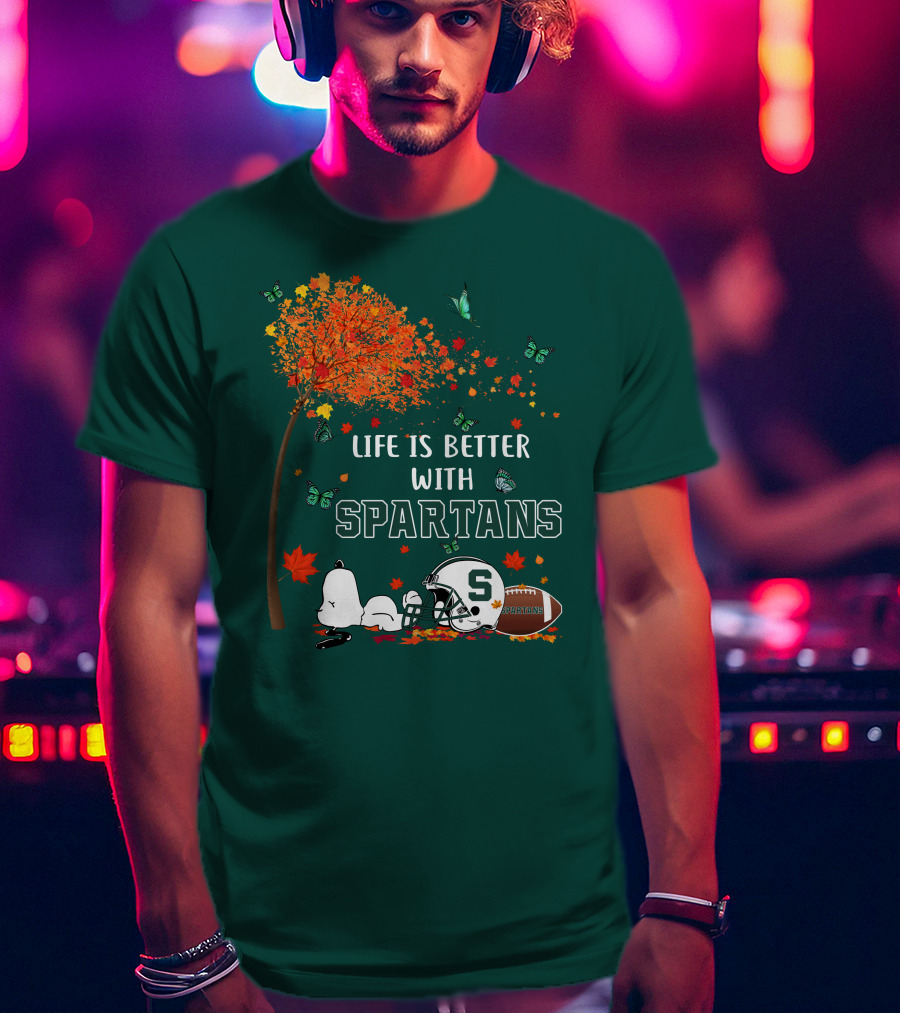 Life Is Better With Spartans Michigan State Football Autumn Leaves Butterflies T-Shirt