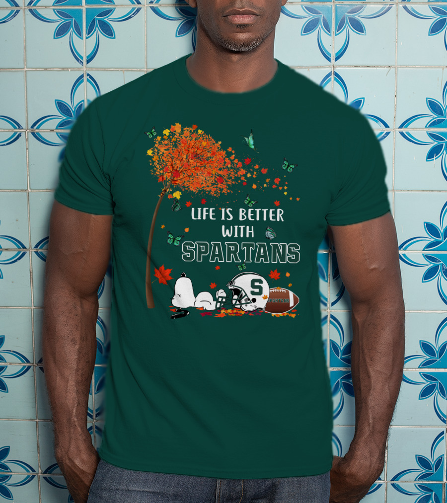 Life Is Better With Spartans Michigan State Football Autumn Leaves Butterflies T-Shirt