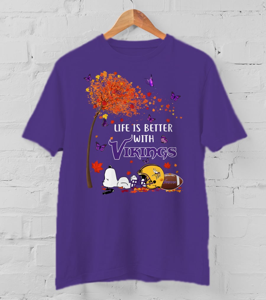 Life Is Better With Vikings Football And Autumn Leaves T-Shirt