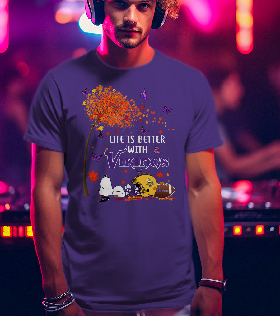 Life Is Better With Vikings Football And Autumn Leaves T-Shirt