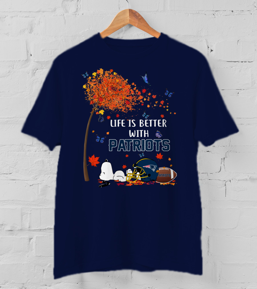 Life Is Better With Patriots New England Football Autumn Tree Butterfly T-Shirt