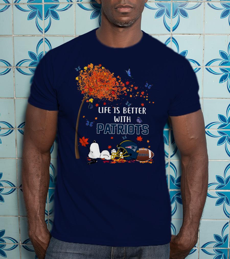 Life Is Better With Patriots New England Football Autumn Tree Butterfly T-Shirt
