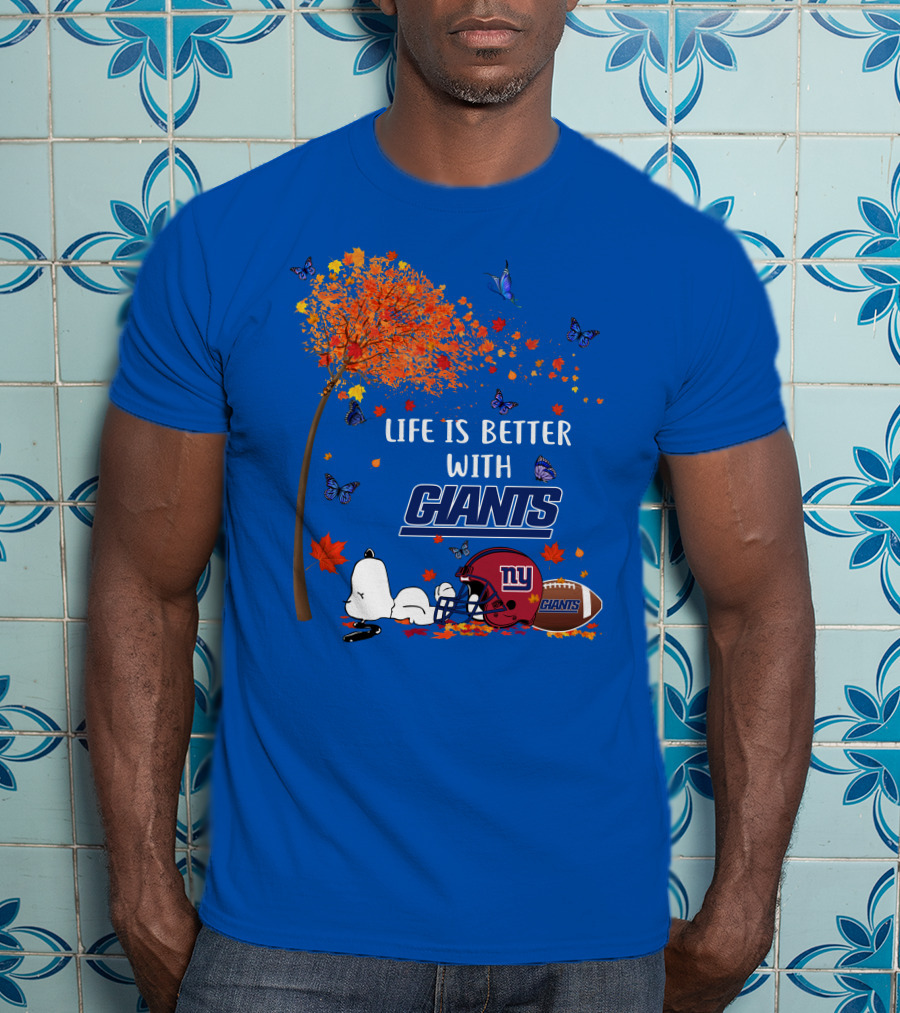 Life Is Better With Giants New York Giants Football Autumn Leaves Snoopy Butterflies T-Shirt