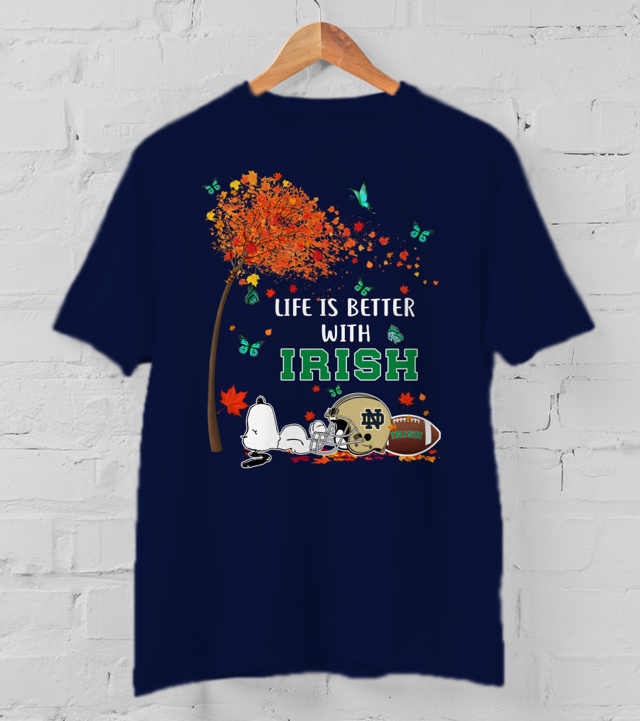 Life Is Better With Irish Autumn Leaves Football Helmet Snoopy Notre Dame T-Shirt