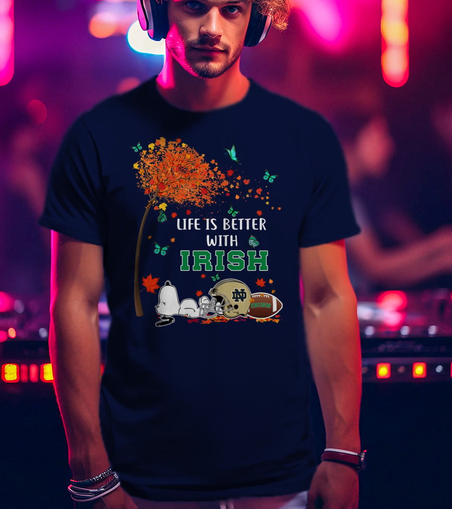 Life Is Better With Irish Autumn Leaves Football Helmet Snoopy Notre Dame T-Shirt
