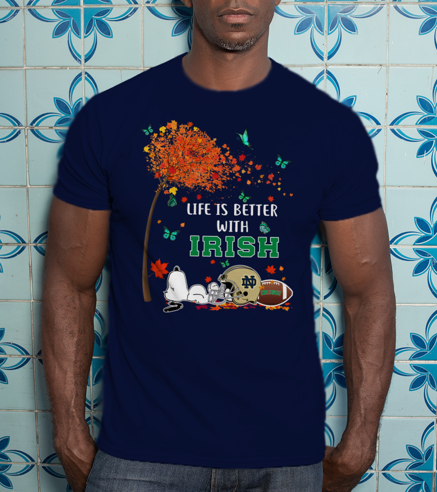 Life Is Better With Irish Autumn Leaves Football Helmet Snoopy Notre Dame T-Shirt