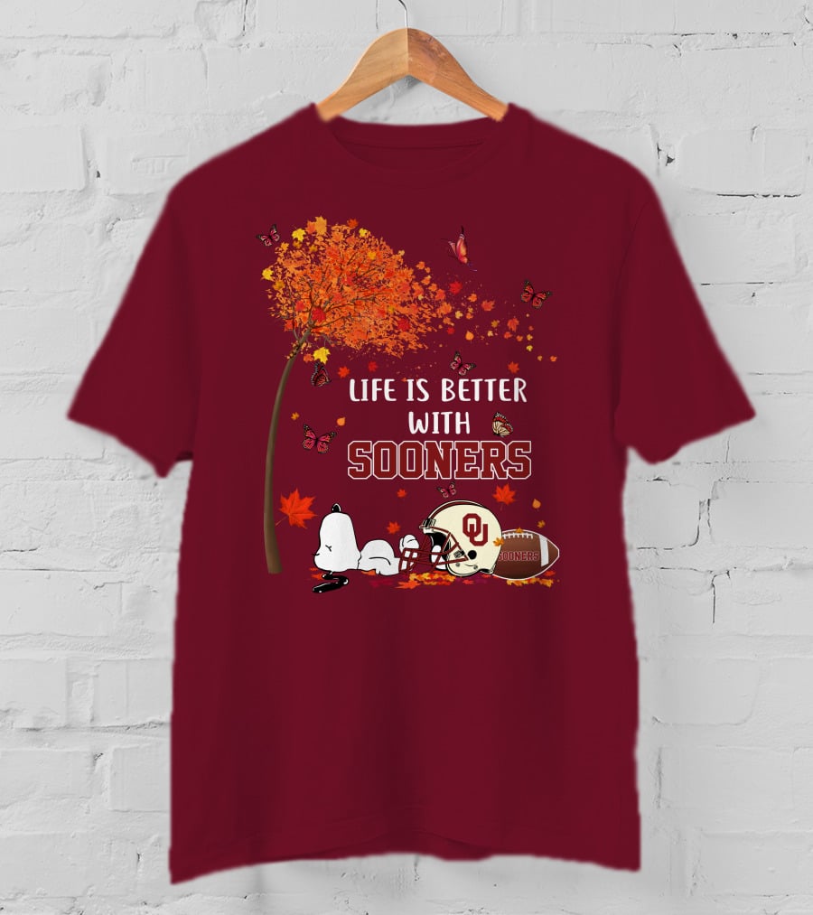 Life Is Better With Sooners Football Autumn Leaves And Butterflies T-Shirt
