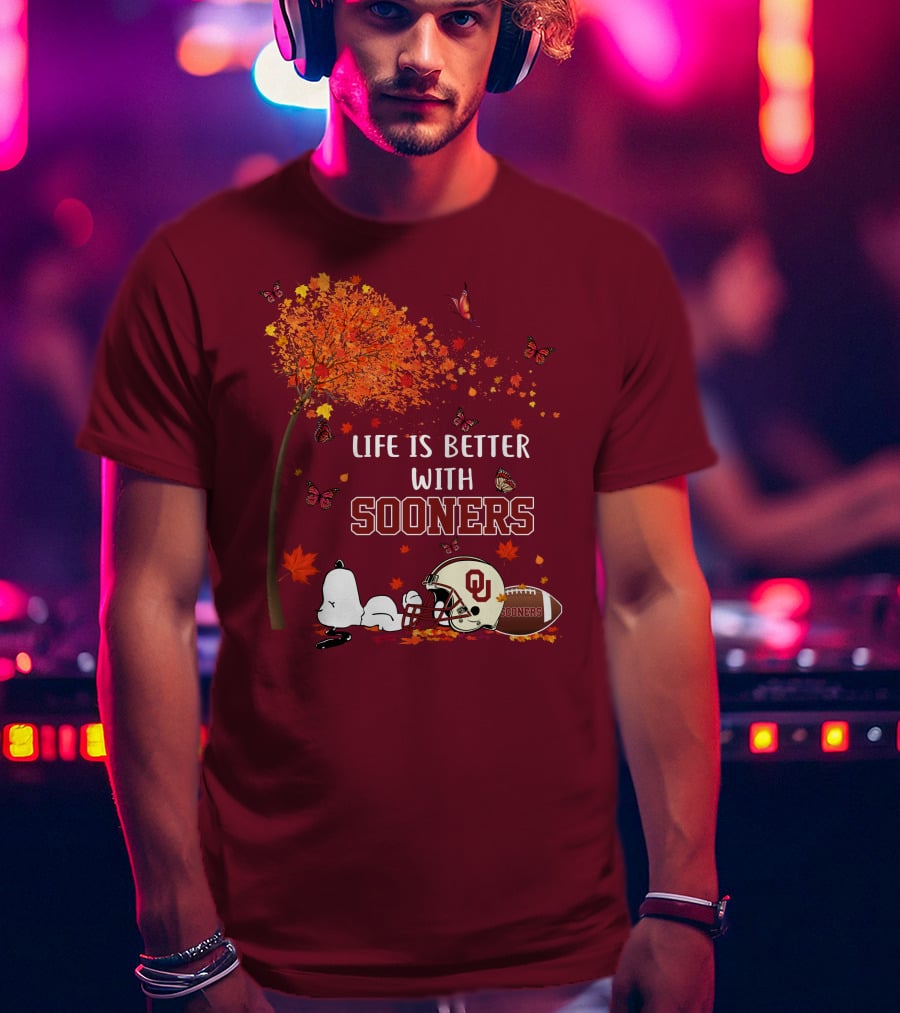 Life Is Better With Sooners Football Autumn Leaves And Butterflies T-Shirt