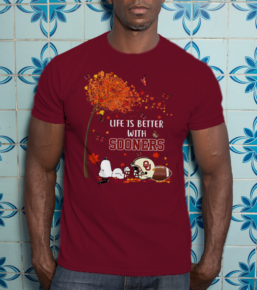 Life Is Better With Sooners Football Autumn Leaves And Butterflies T-Shirt