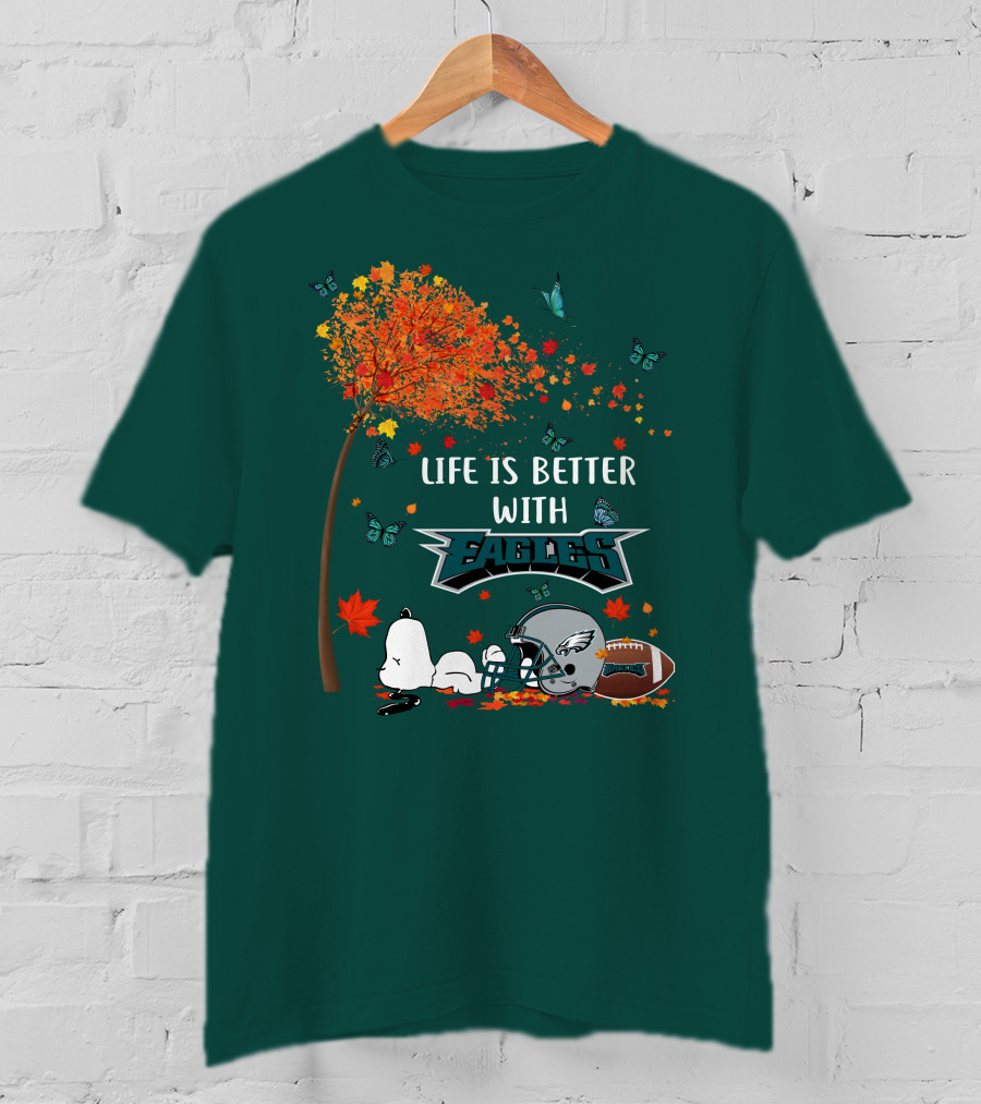 Life Is Better With Eagles Football Autumn Leaves And Butterflies T-Shirt