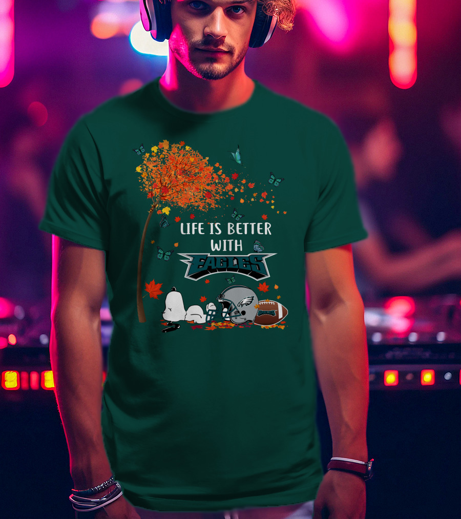 Life Is Better With Eagles Football Autumn Leaves And Butterflies T-Shirt