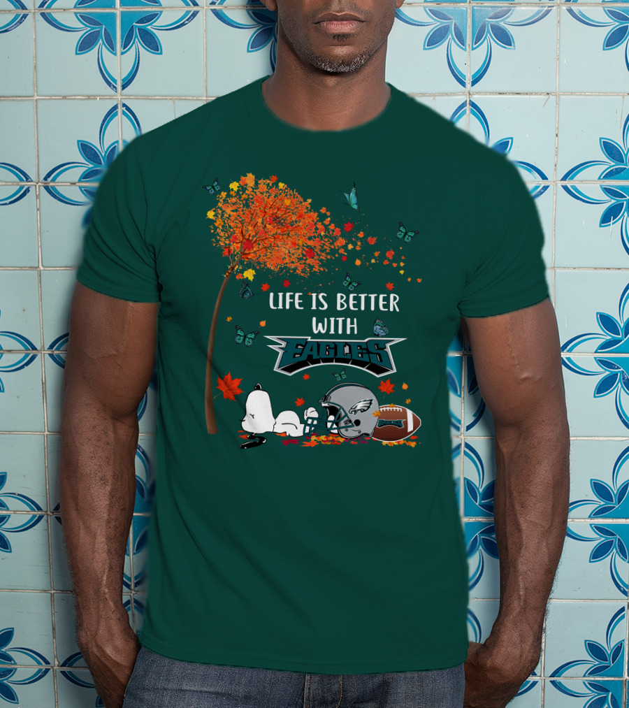 Life Is Better With Eagles Football Autumn Leaves And Butterflies T-Shirt