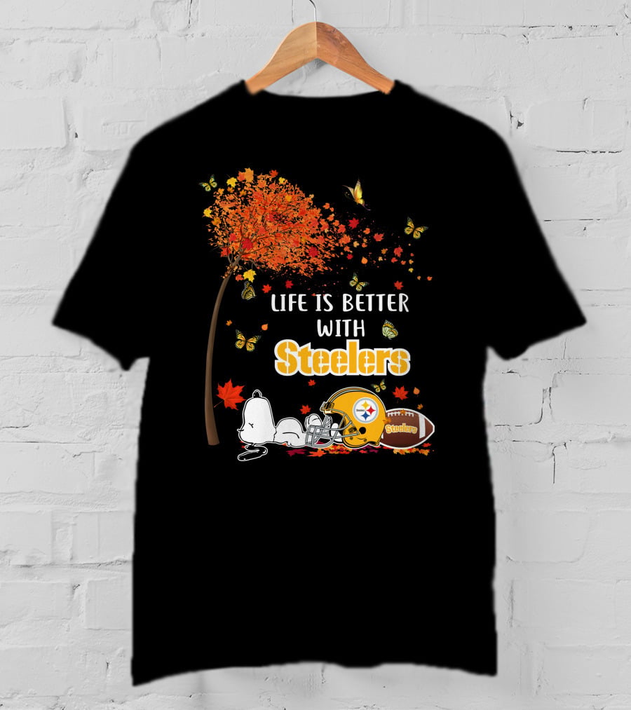 Life Is Better With Steelers Autumn Snoopy Football Helmet T-Shirt