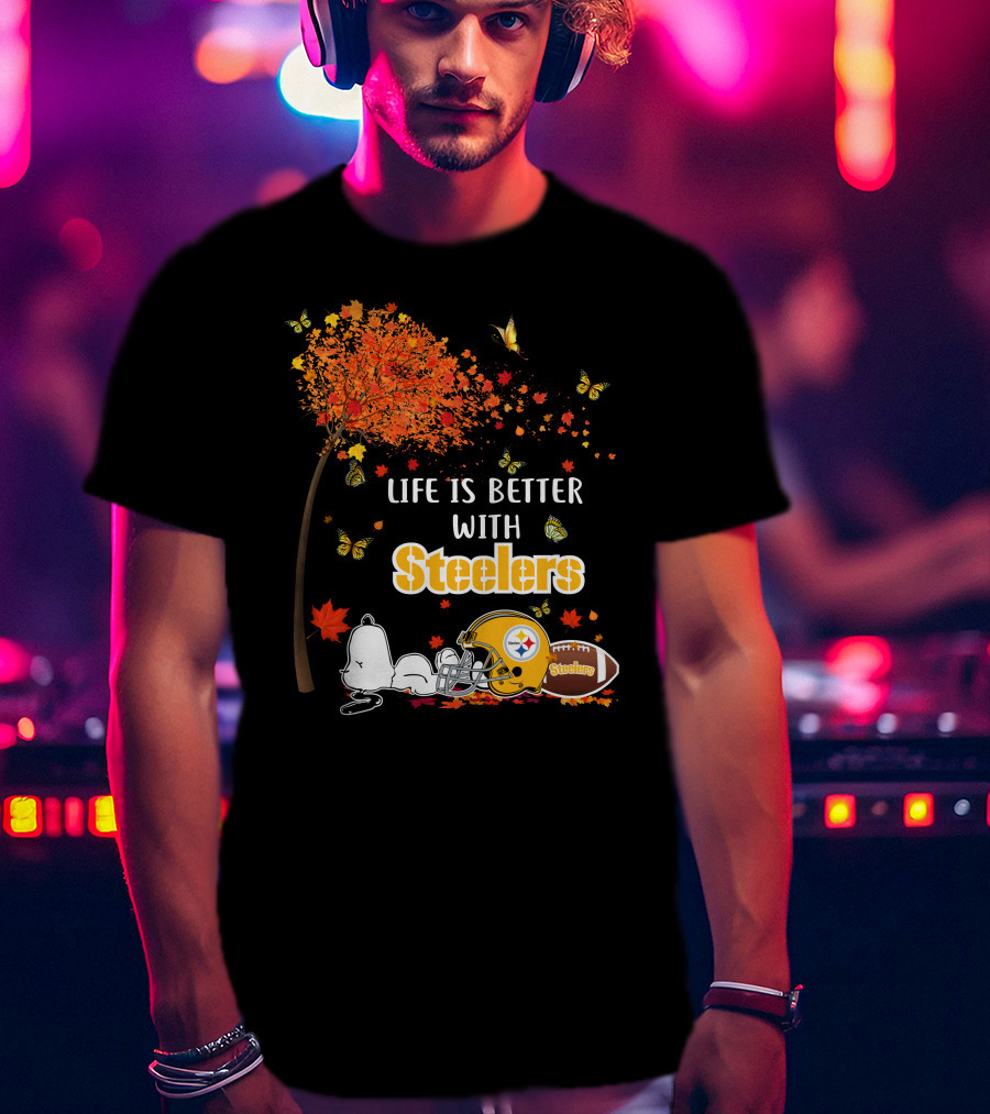 Life Is Better With Steelers Autumn Snoopy Football Helmet T-Shirt