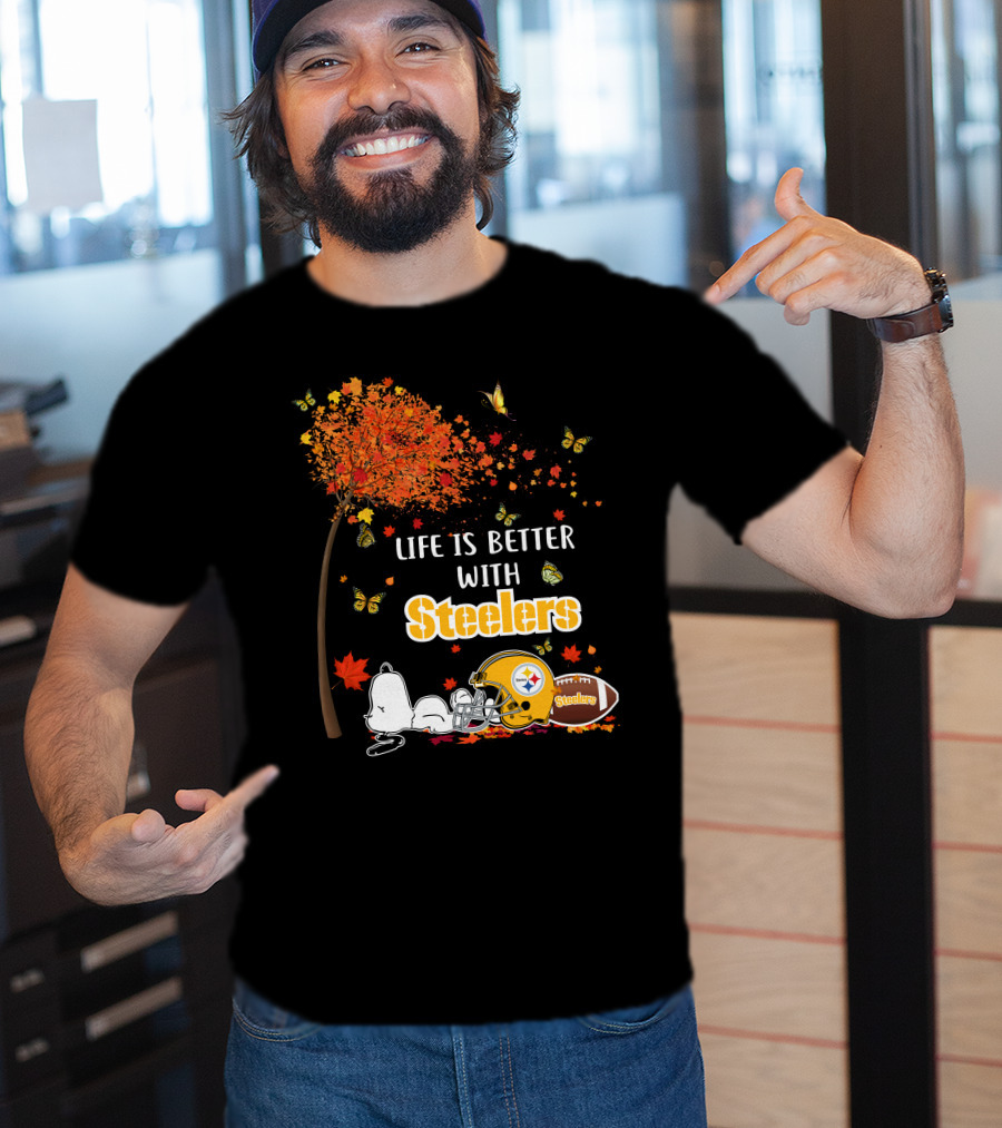 Life Is Better With Steelers Autumn Snoopy Football Helmet T-Shirt