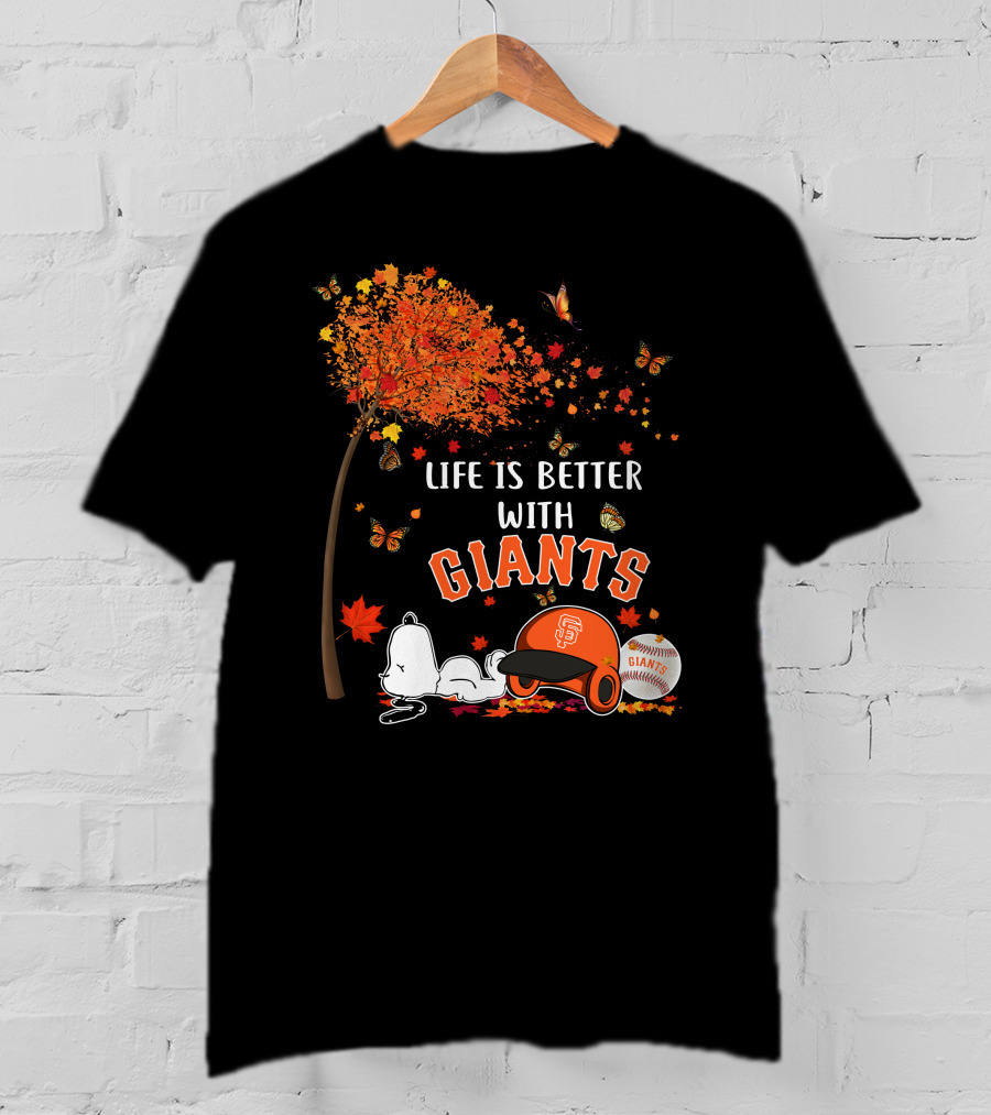 Life Is Better With Giants Snoopy Fall Leaves Baseball Cap T-Shirt