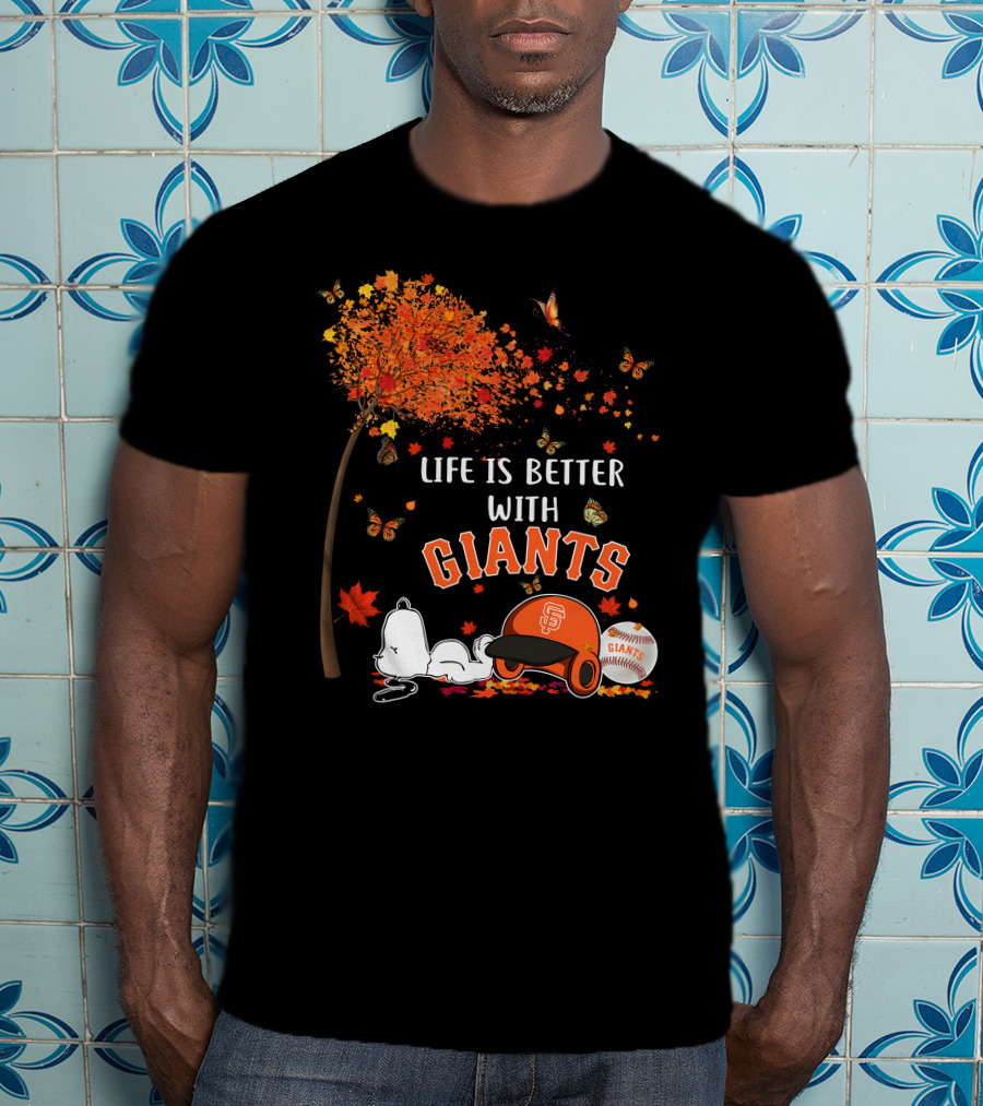Life Is Better With Giants Snoopy Fall Leaves Baseball Cap T-Shirt