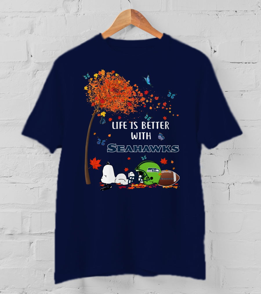 Life Is Better With Seattle Seahawks Autumn Leaves Football Helmet Snoopy And Woodstock T-Shirt