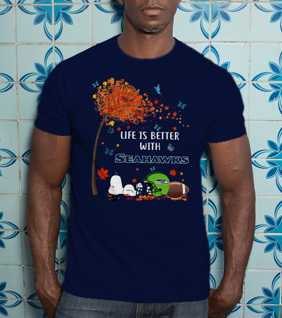 Life Is Better With Seattle Seahawks Autumn Leaves Football Helmet Snoopy And Woodstock T-Shirt