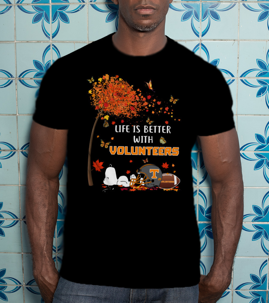 Life Is Better With Volunteers Tennessee Football Autumn Leaves And Butterflies T-Shirt