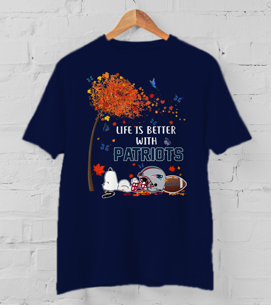 Life Is Better With Patriots New England Football Autumn Leaves And Snoopy T-Shirt
