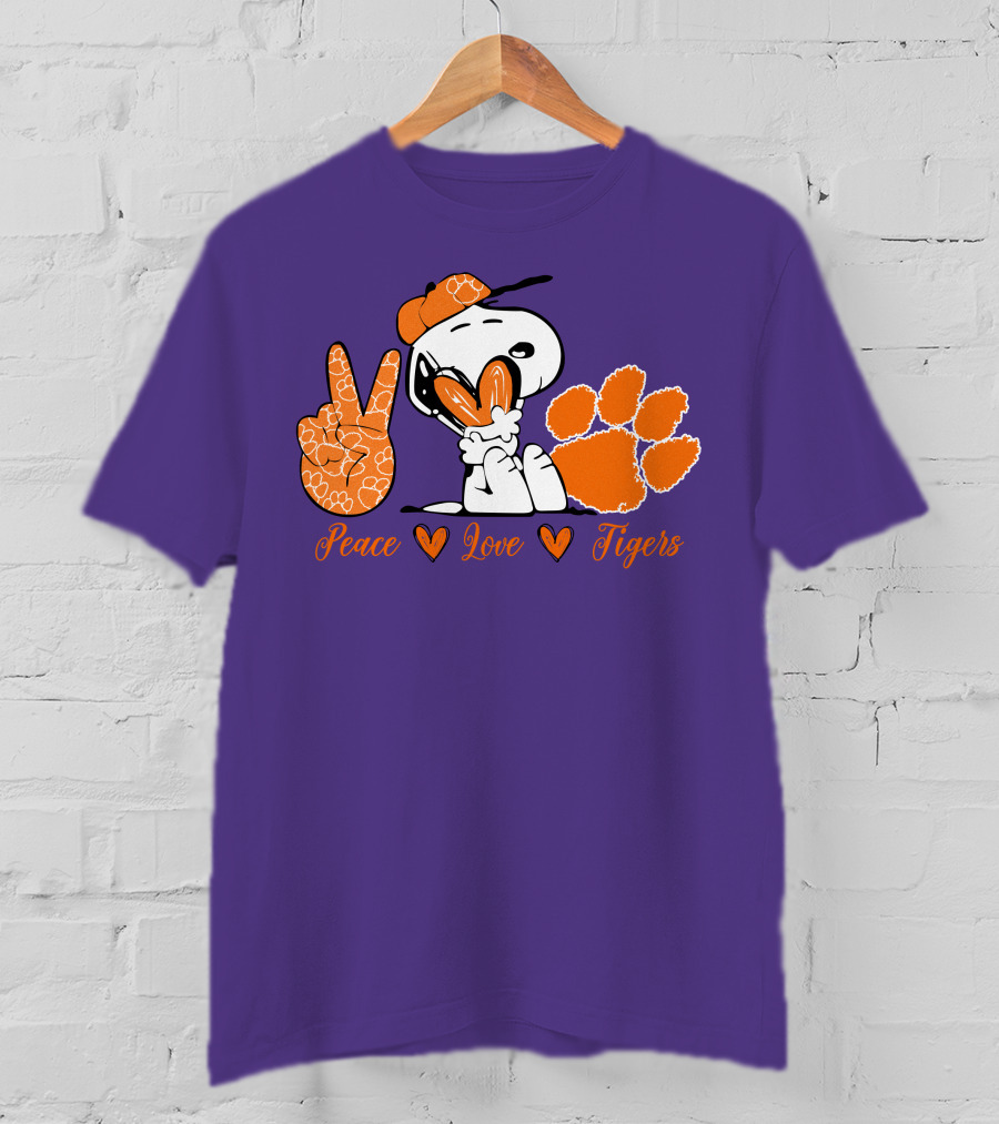 Peace Love Clemson Tigers Snoopy With Paw Print And Heart Icons T-Shirt