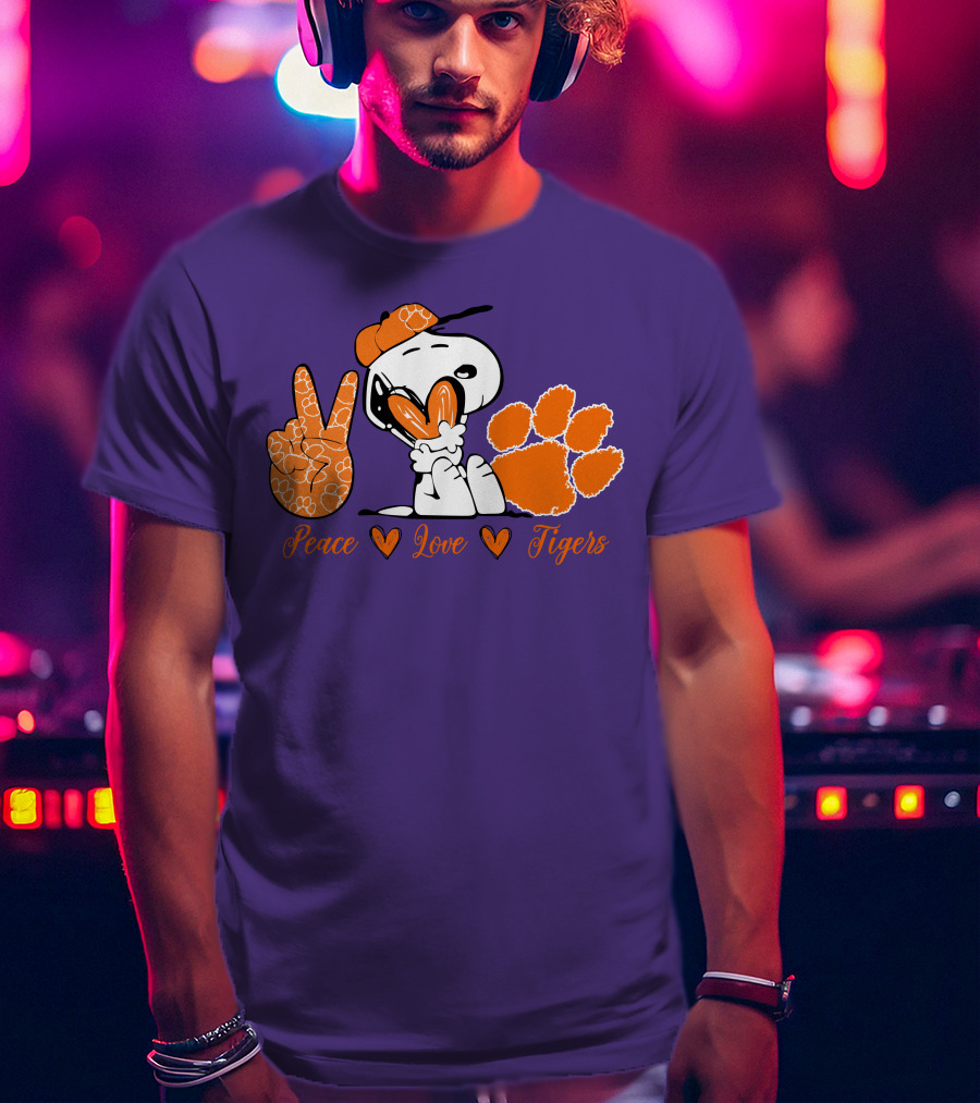 Peace Love Clemson Tigers Snoopy With Paw Print And Heart Icons T-Shirt