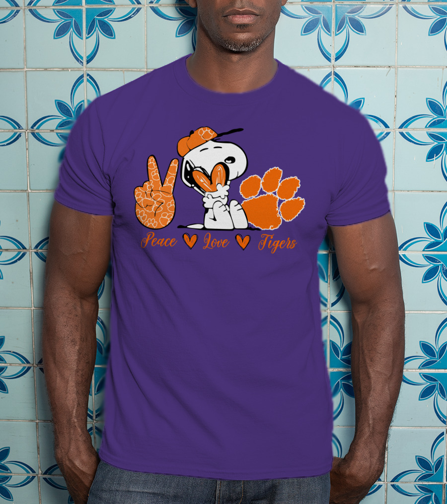 Peace Love Clemson Tigers Snoopy With Paw Print And Heart Icons T-Shirt