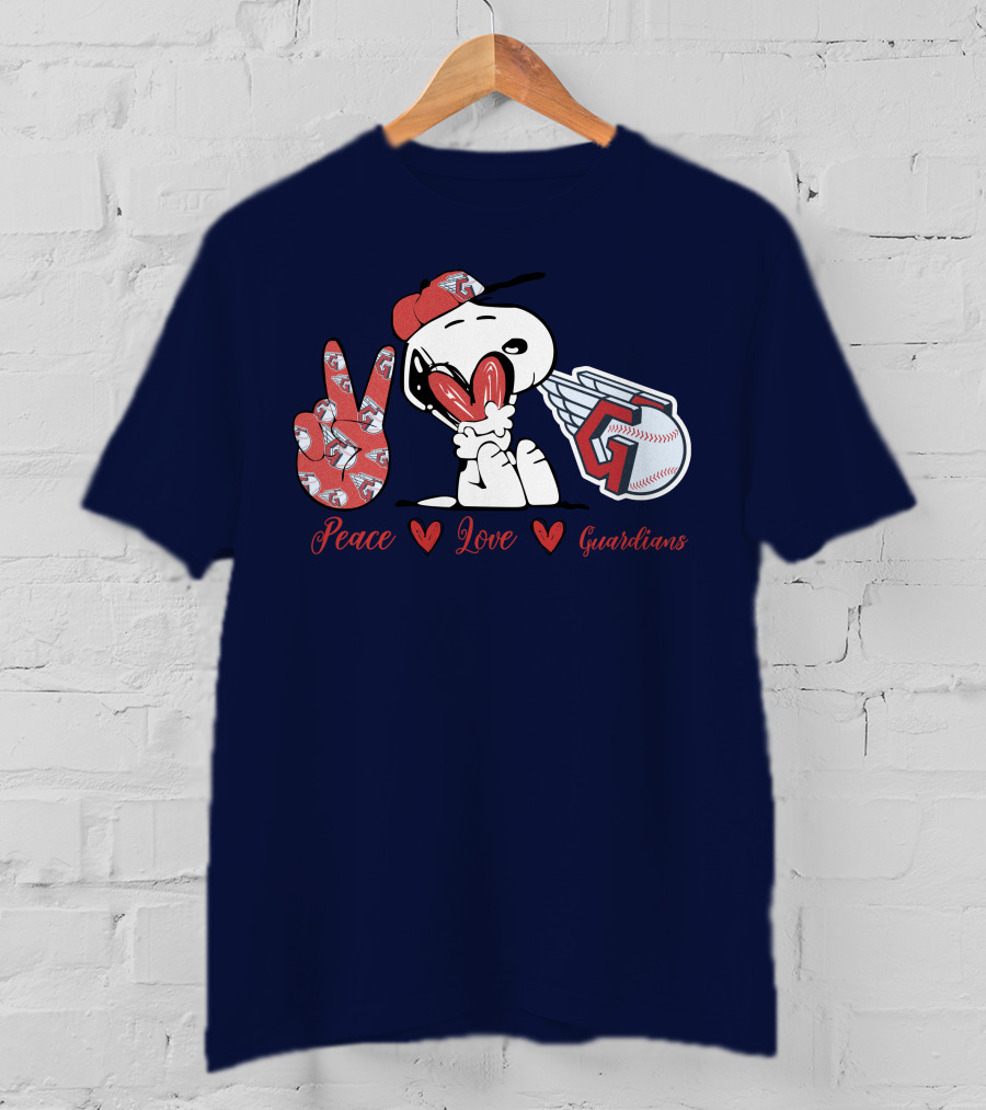 Snoopy Peace Love Cleveland Guardians Baseball Iconic Imagery With Red Heart And Cap T-Shirt
