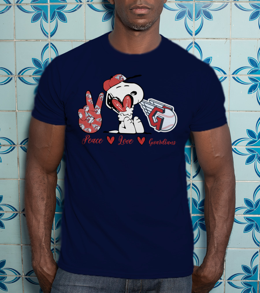 Snoopy Peace Love Cleveland Guardians Baseball Iconic Imagery With Red Heart And Cap T-Shirt