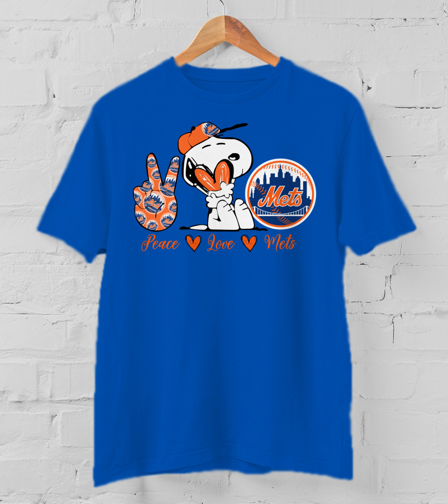 Snoopy Peace Love Mets New York City Skyline Baseball T-Shirt