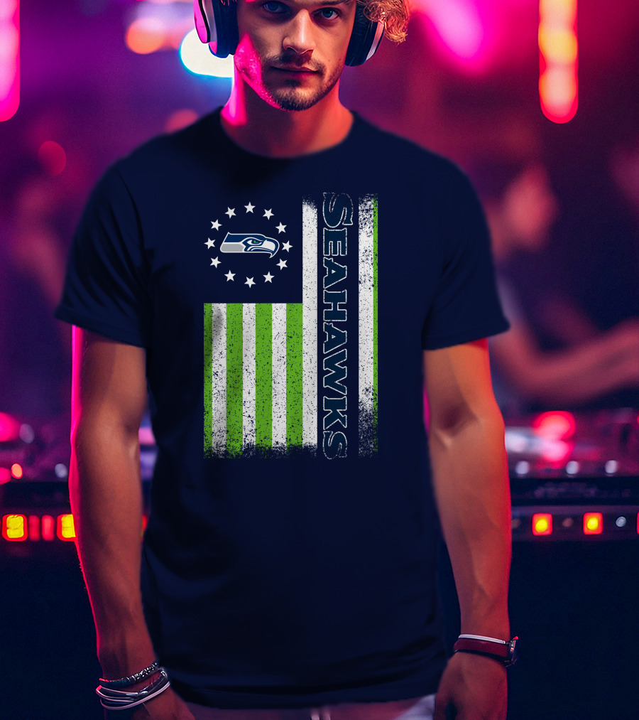 Seattle Seahawks American Flag Green Stripes 12 Stars T-Shirt