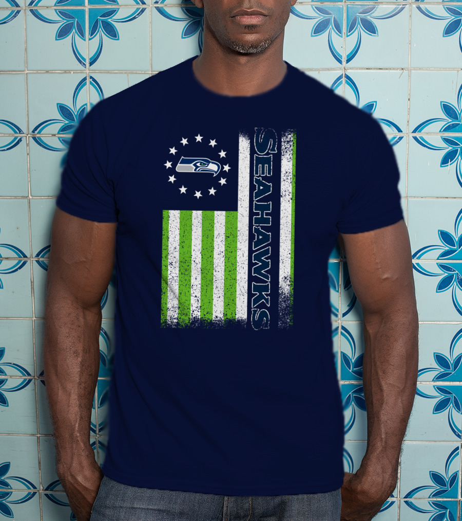 Seattle Seahawks American Flag Green Stripes 12 Stars T-Shirt