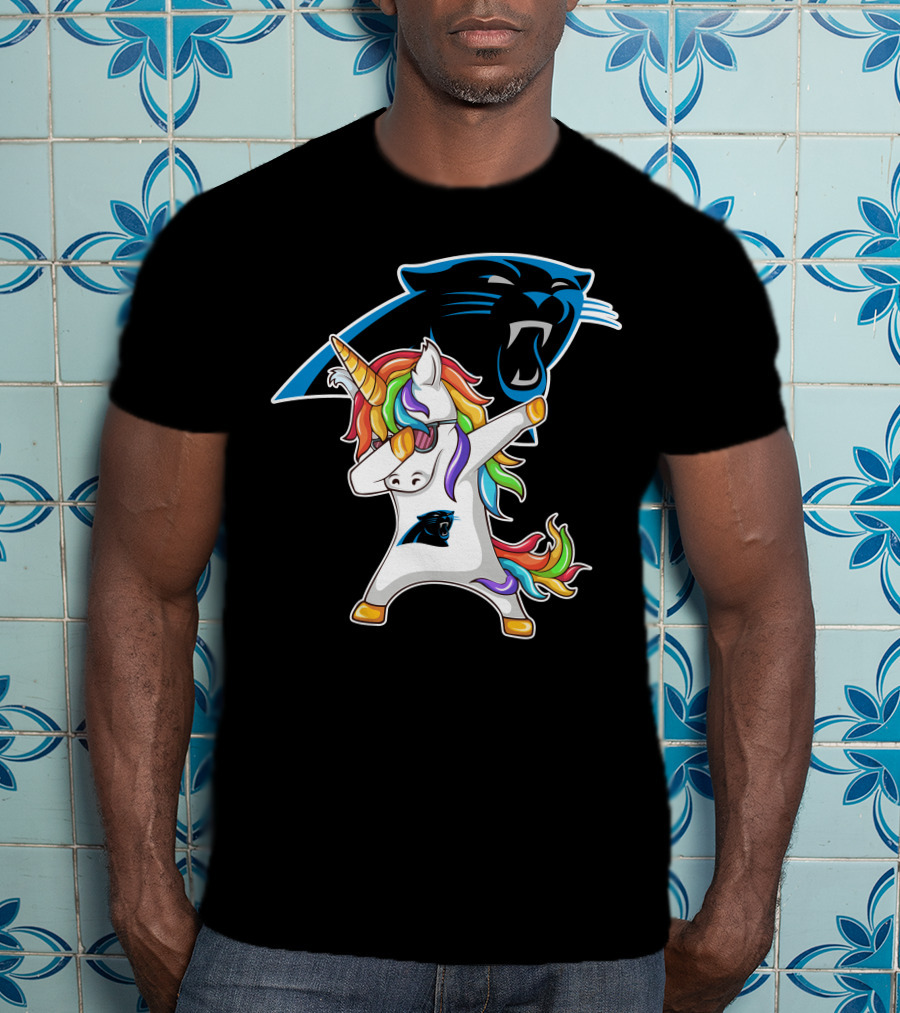 Carolina Panthers Unicorn Dabbing With Team Logo And Rainbow Mane T-Shirt