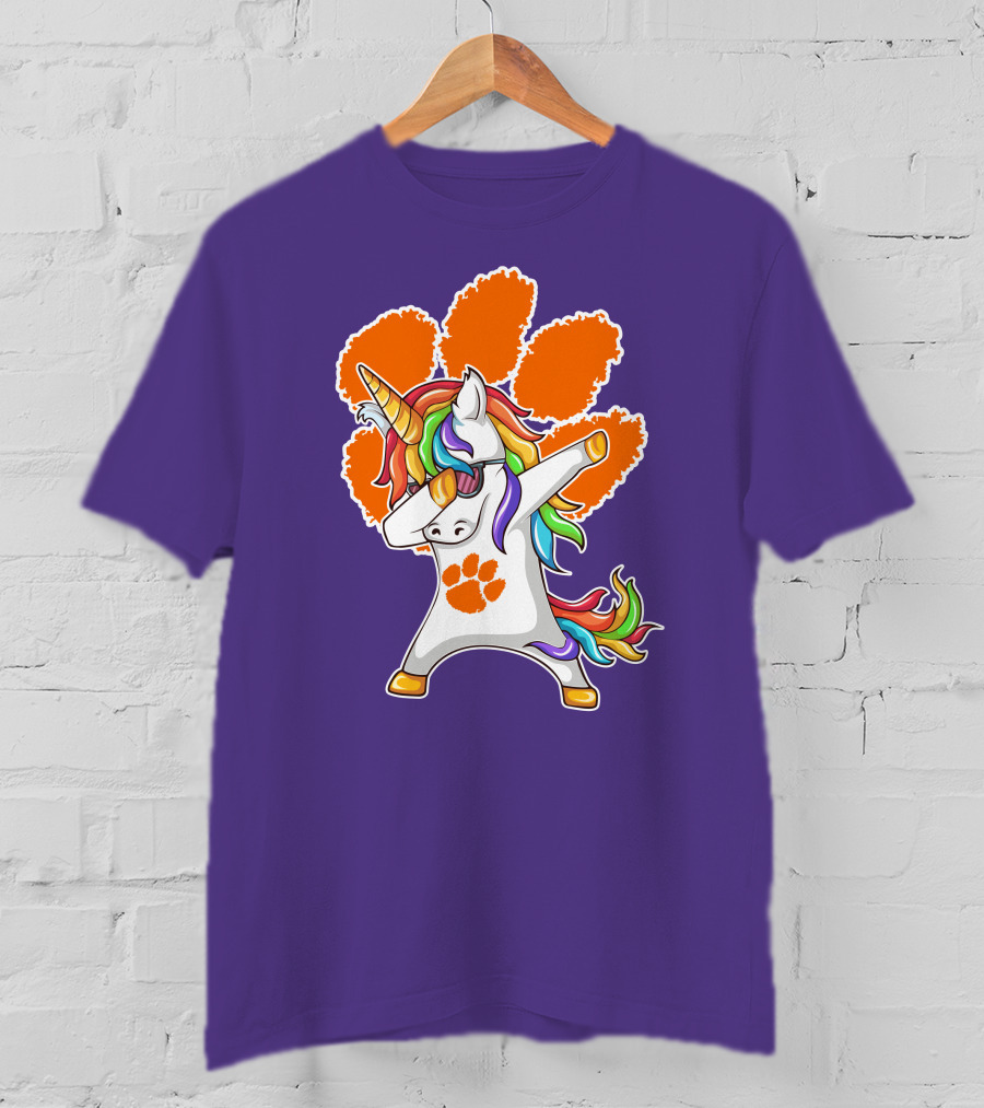 Clemson Tigers Dabbing Unicorn Paw Print Rainbow Mane T-Shirt