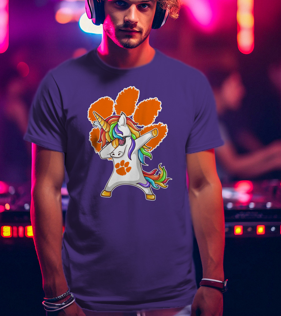 Clemson Tigers Dabbing Unicorn Paw Print Rainbow Mane T-Shirt
