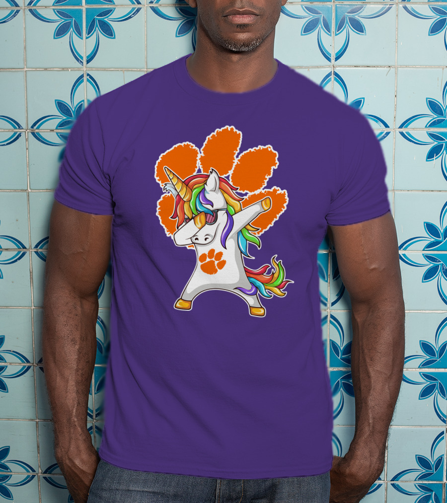Clemson Tigers Dabbing Unicorn Paw Print Rainbow Mane T-Shirt