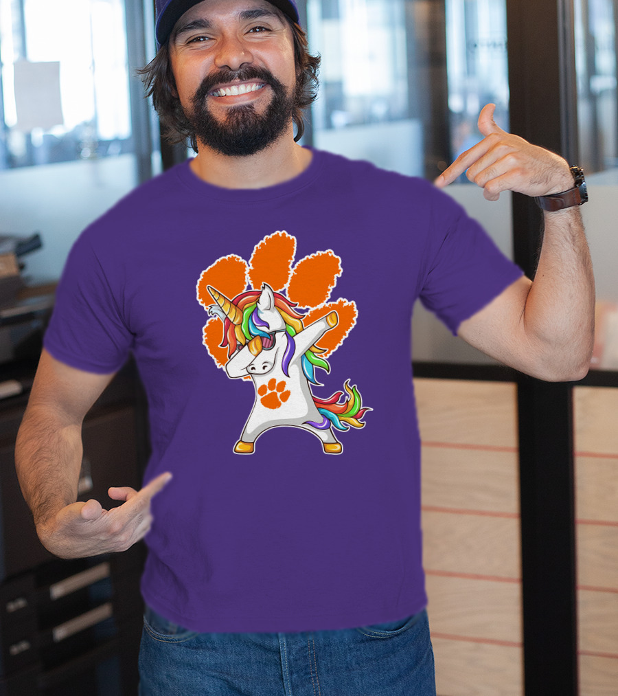 Clemson Tigers Dabbing Unicorn Paw Print Rainbow Mane T-Shirt