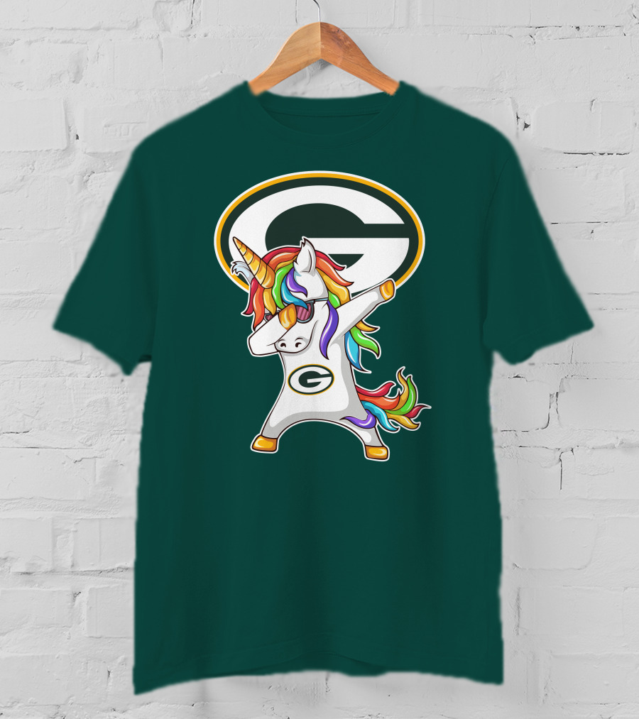 Green Bay Packers Dabbing Unicorn With Team Logo And Rainbow Mane T-Shirt