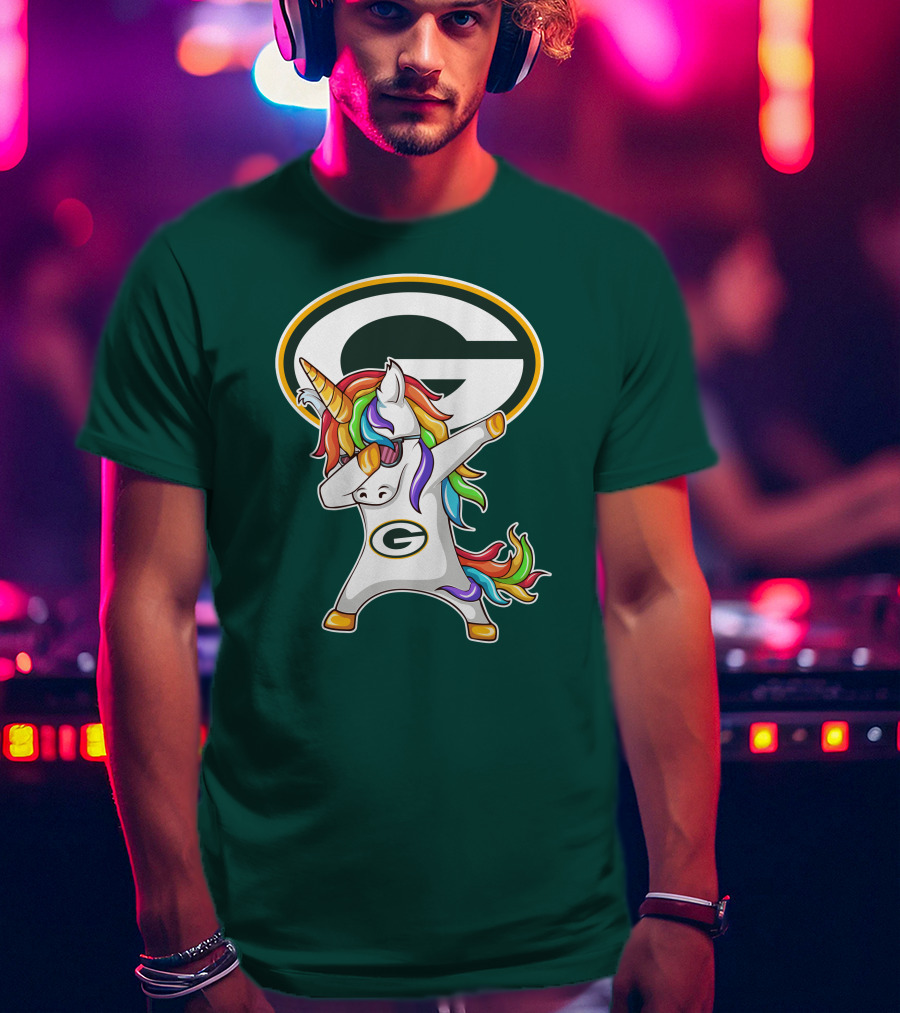 Green Bay Packers Dabbing Unicorn With Team Logo And Rainbow Mane T-Shirt