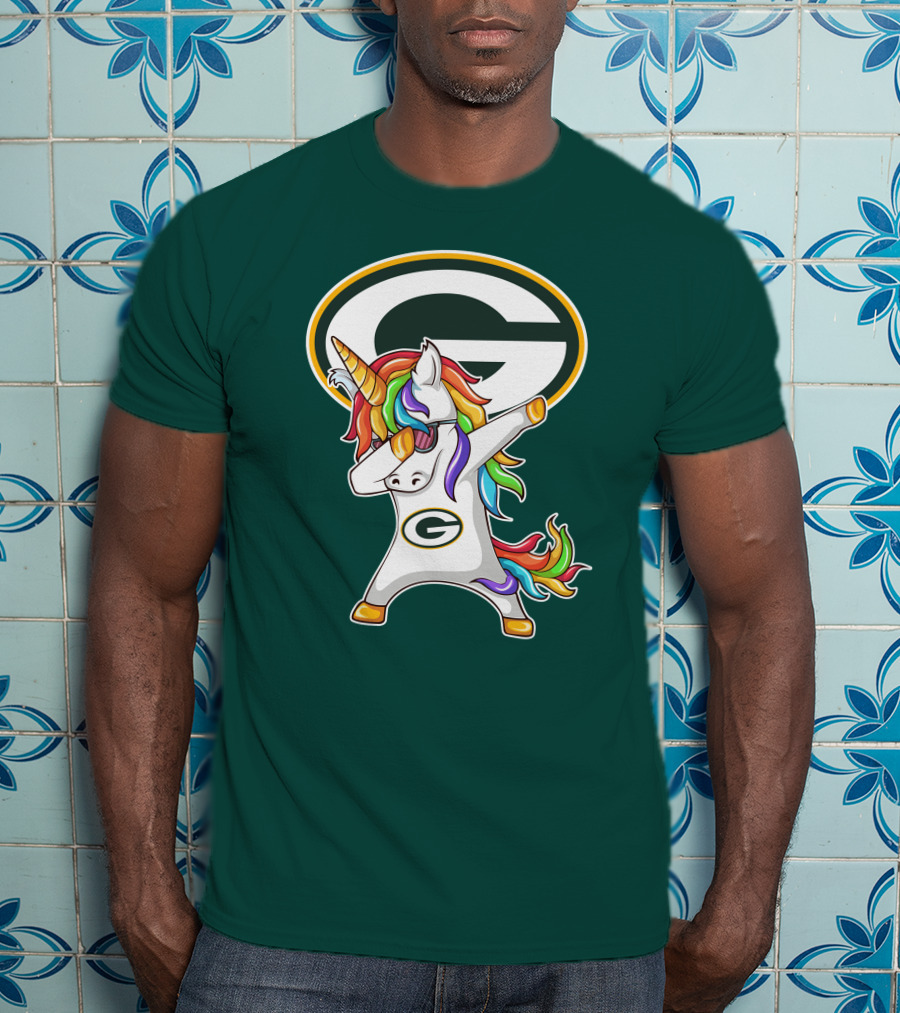 Green Bay Packers Dabbing Unicorn With Team Logo And Rainbow Mane T-Shirt