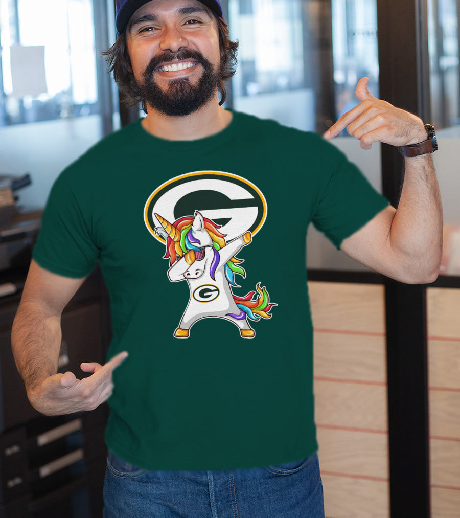 Green Bay Packers Dabbing Unicorn With Team Logo And Rainbow Mane T-Shirt